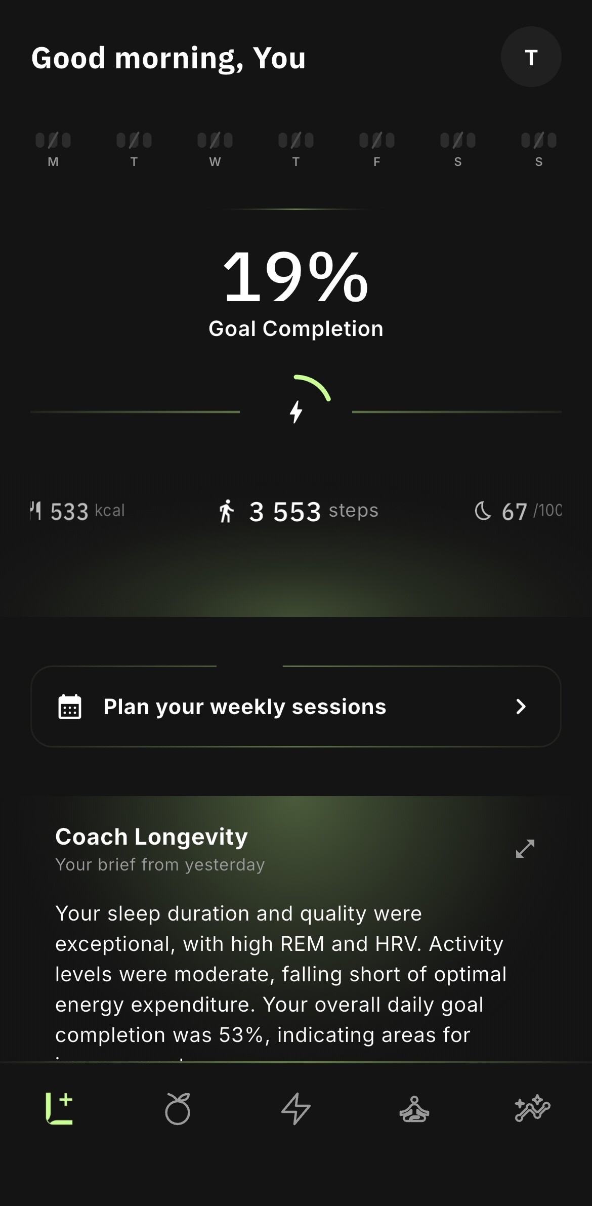 LAB Longevity app, daily dashboard with goal completion