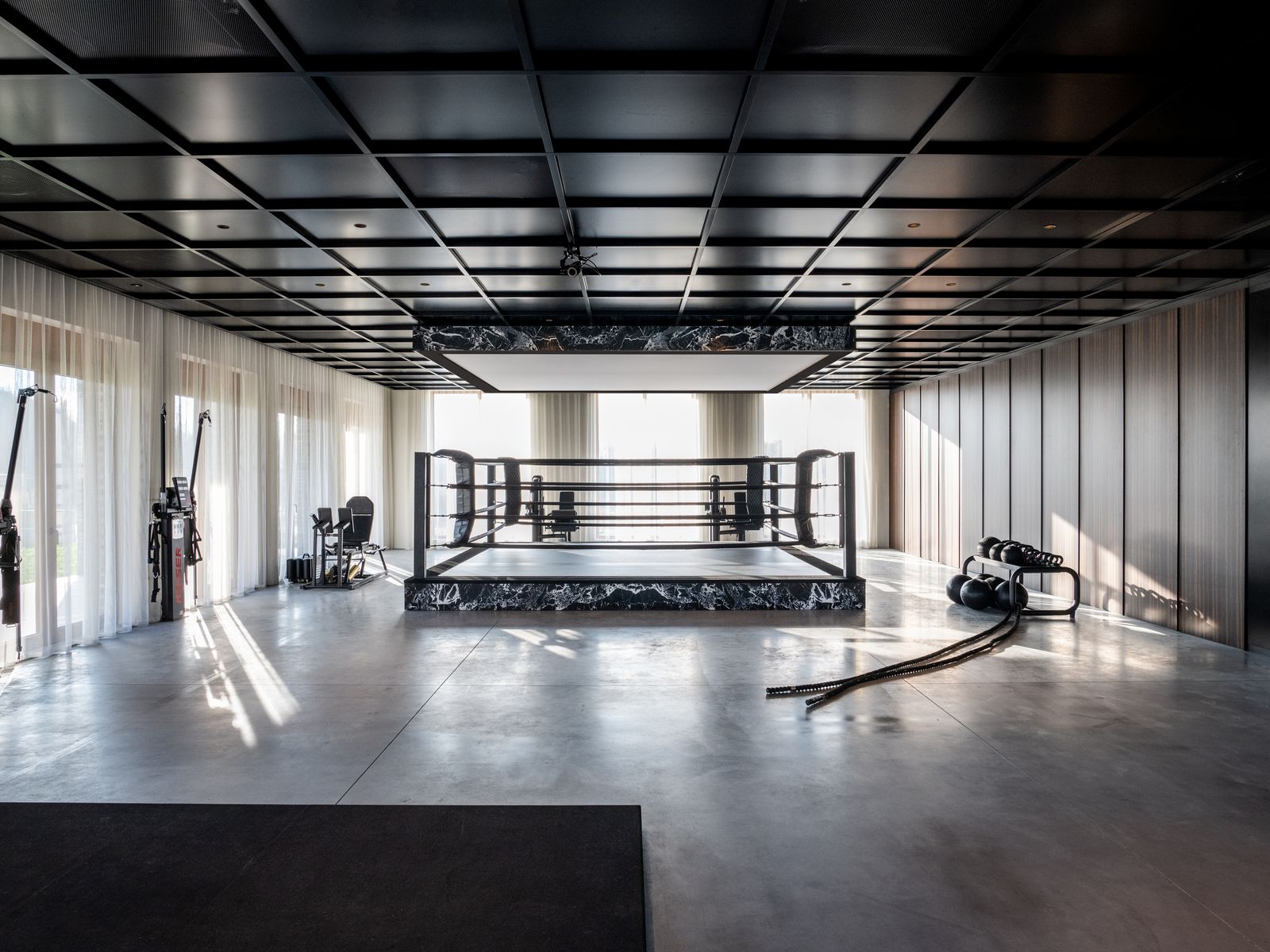 The LAB training floor with the boxing ring at its centre